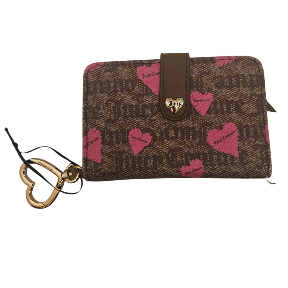 Juicy Couture Wallet‎ Brown Pink Hearts Logo Snap Closure Charm Cute